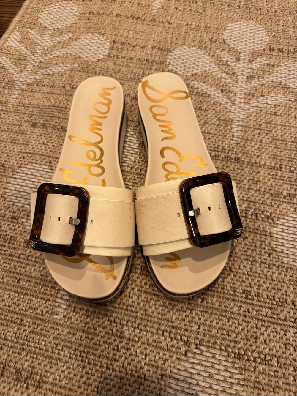 Sam Edelman Cream Slide Sandals with Tortoiseshell Buckles